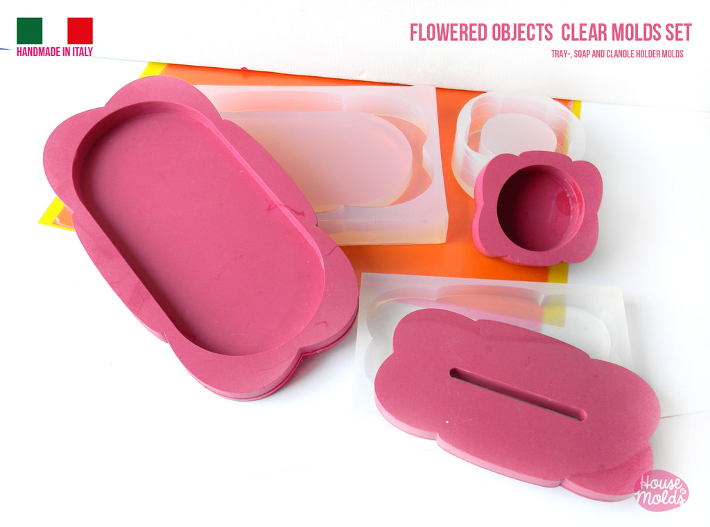 Flowered Objects  Clear Molds Set  - includes tray , soap dish and candle holder molds -super glossy - house of molds made in Italy