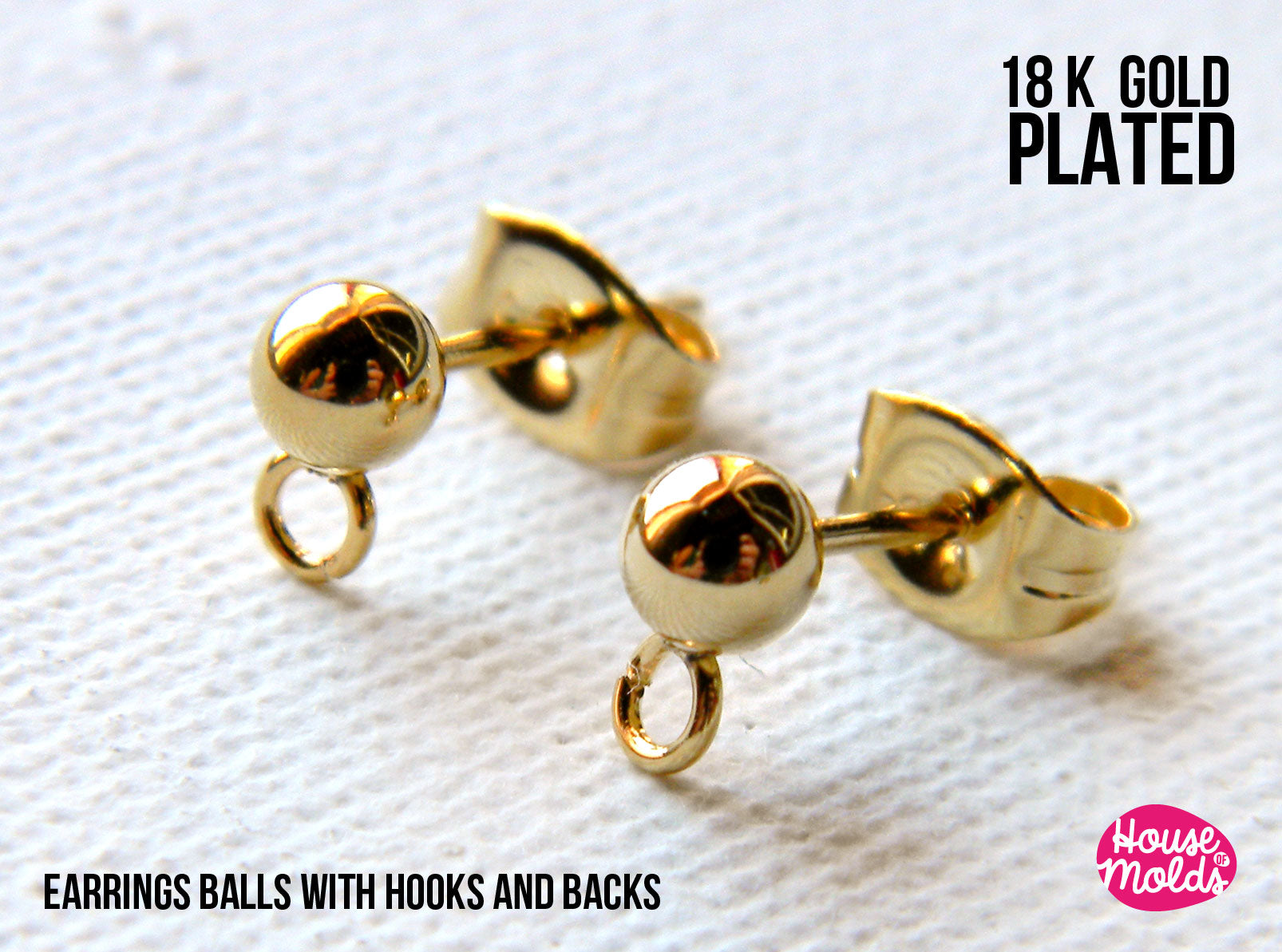 18K Gold Plated Ball Earrings with Hooks - backs included - luxury