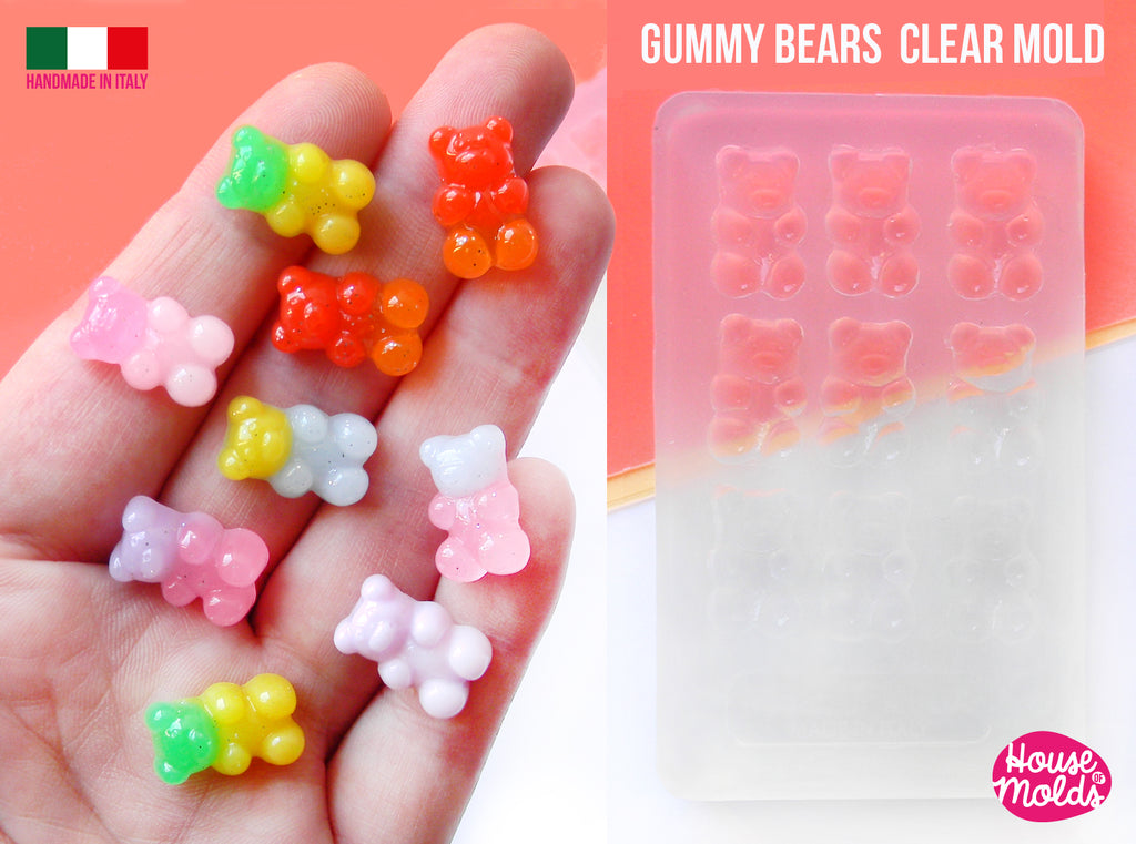 Gummy Bears Clear Silicone Mold - 9 cavityes-  17 mm height x approx 10 mm wide (each Bear ) - great for resin earrings/ necklace making and for decoration of any creations- super glossy - house of molds