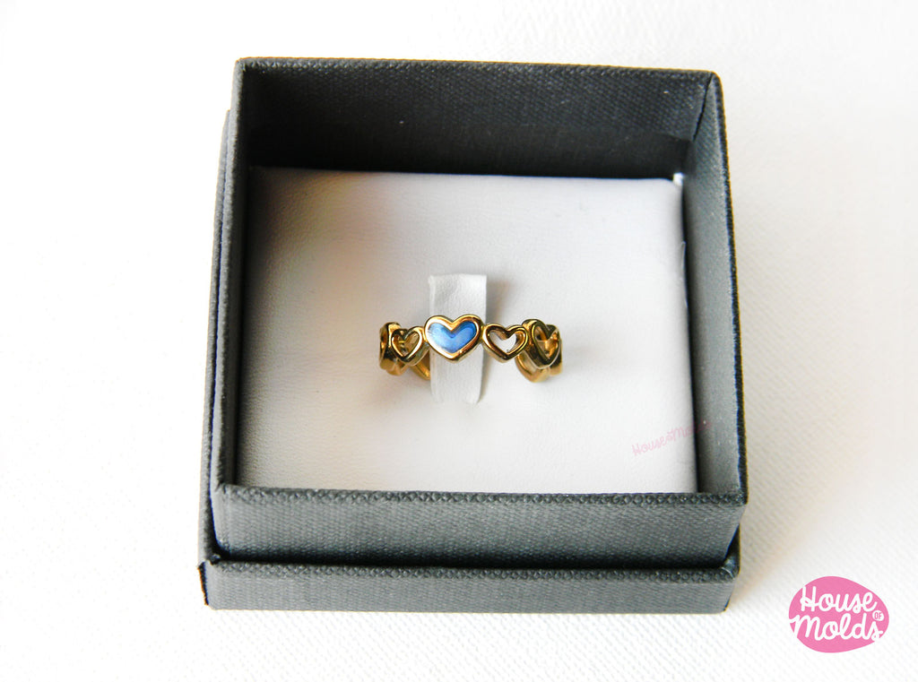 Band Ring with Hearts - adjustable size - gold colour Stainless steel -perfect for resin filling and keepsakes