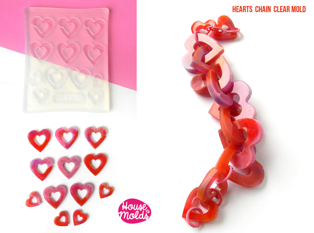 HEARTS CHAIN Clear Mold - each heart  is 23 x 23 mm thickness 3 mm -great to  make resin collier , bangles , earrings -shiny surface super glossy