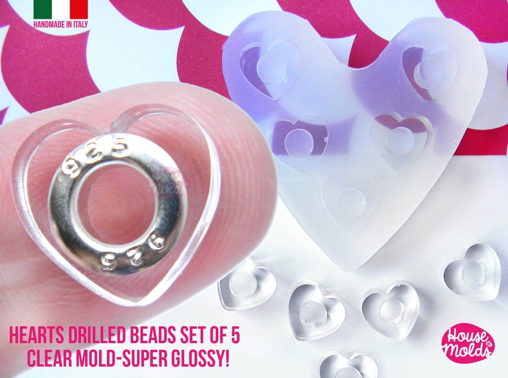 Drilled beads  Heart Shape Set of 5 cavityes Clear Mold - Transparent Mold to make adorable hearts drilled beads,super shiny easy to use