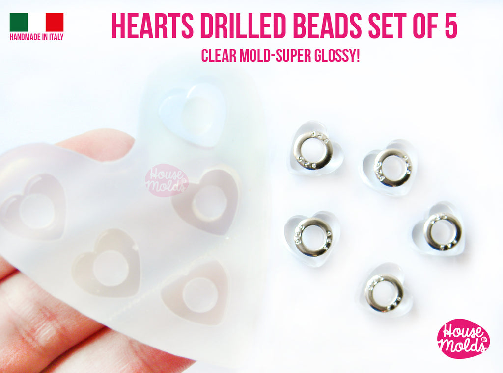 Drilled beads  Heart Shape Set of 5 cavityes Clear Mold - Transparent Mold to make adorable hearts drilled beads,super shiny easy to use