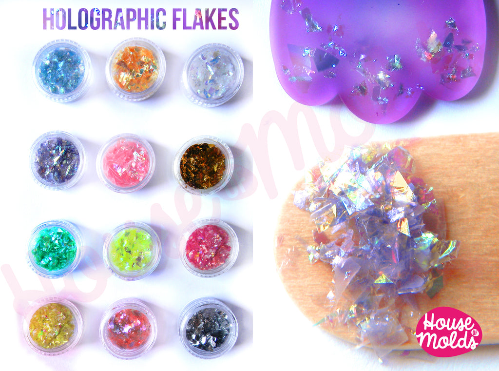 Holographic Flakes set of 12 ,sparkly and with amazing special effects flakes for resin or nail art-Add some magic to your creations