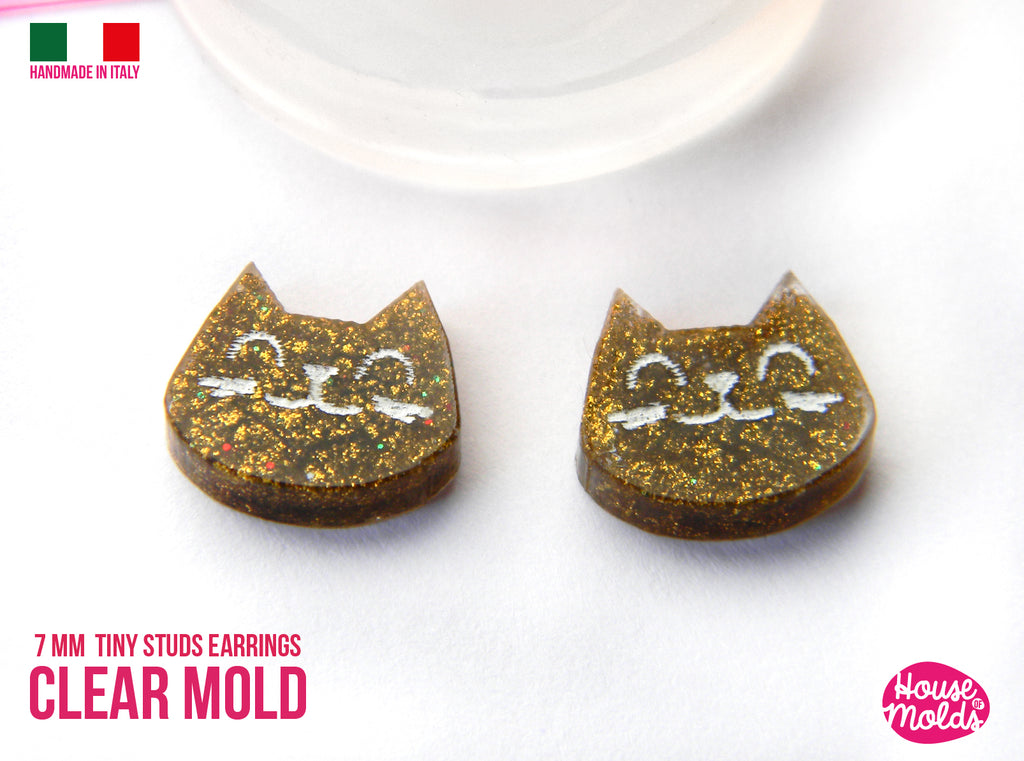 Pimpi Cat Small studs earrings  Clear Mold  - 11 x 10 mm   -  thickness 3 mm -  carved cat details on super shiny surface  - house of molds
