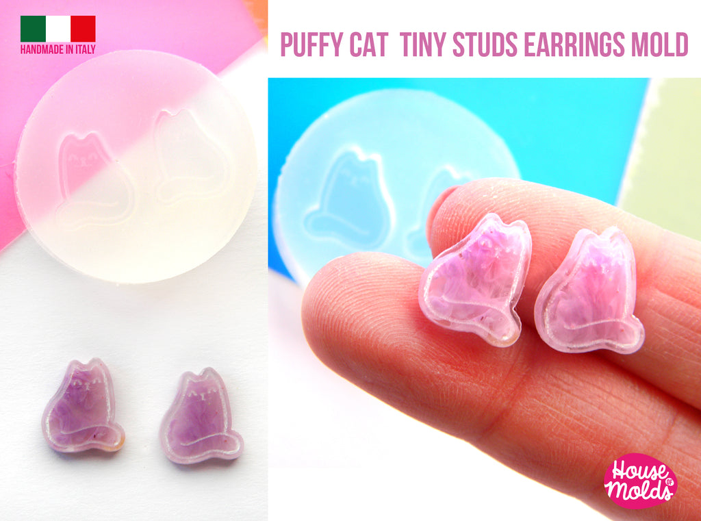 Puffy Cat Tiny studs earrings  Clear Mold  , 14 x 12 mm ,   thickness 3 mm - super shiny - house of molds