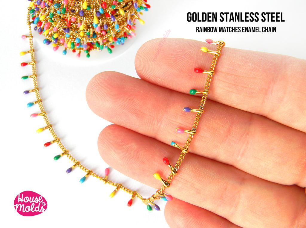 1 Meter Boho Rainbow Matches Enamel Stainless Steel Golden Chain - for necklace or bracelets making