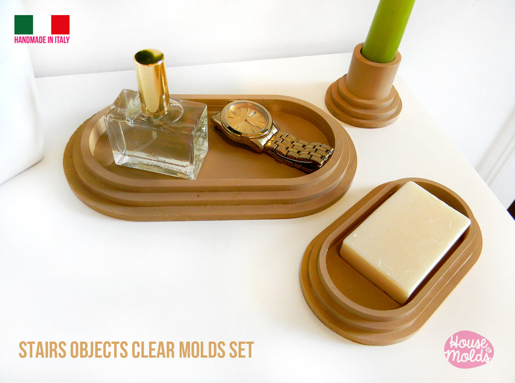 Roma Stairs Objects  Clear Molds Set  - includes tray , soap dish and candle holder molds -super glossy - house of molds made in Italy