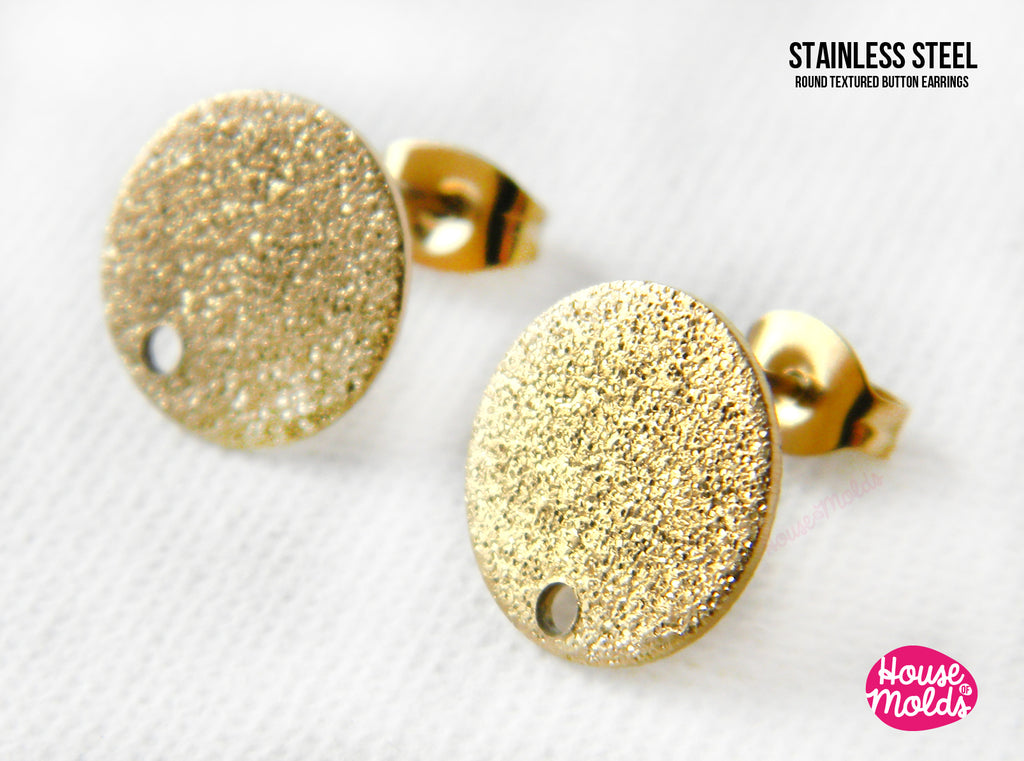 Round Shimmery Texture  Earrings blanks with hole and back stud - stainless steel gold colour  12 mm diameter - luxury quality