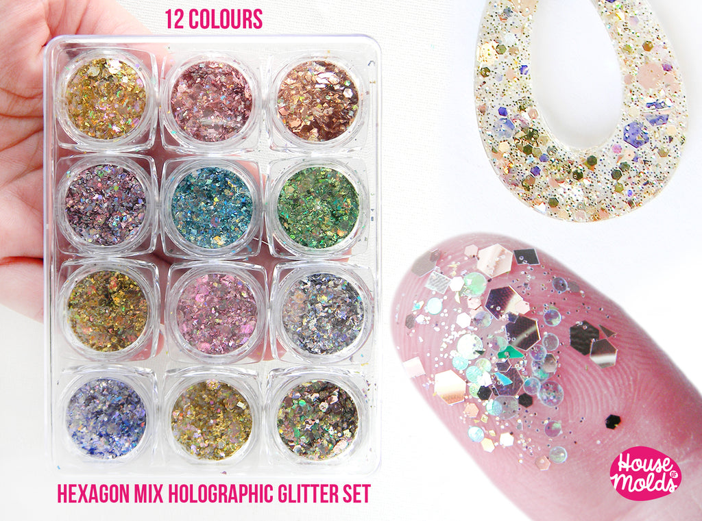 12 Colours Holographic Glitter Set , hexagon chunky glitters mix + special effects