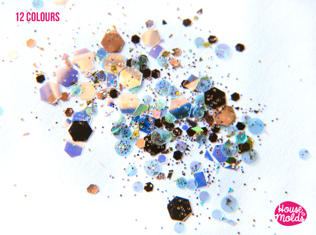 Set di glitter olografici a 12 colori, mix di brillantini esagonali + effetti speciali