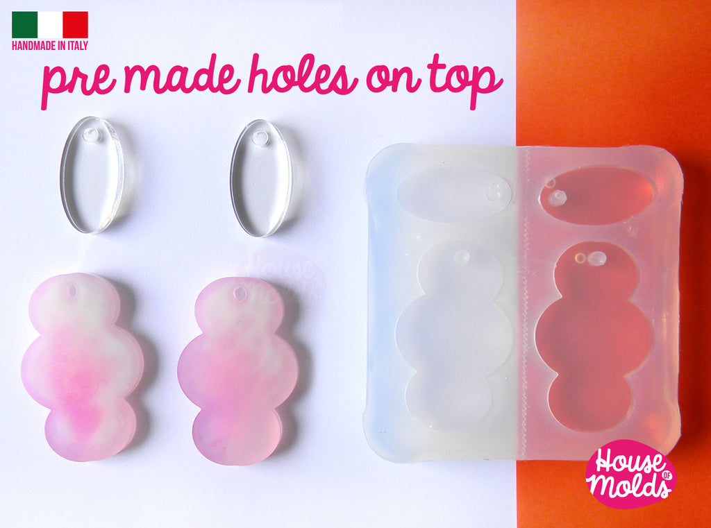 Clouds and Ovals earrings clear mold- 4 cavityes with Pre Made Holes on Top -Transparent Mold to make earrings or pendants: super shiny