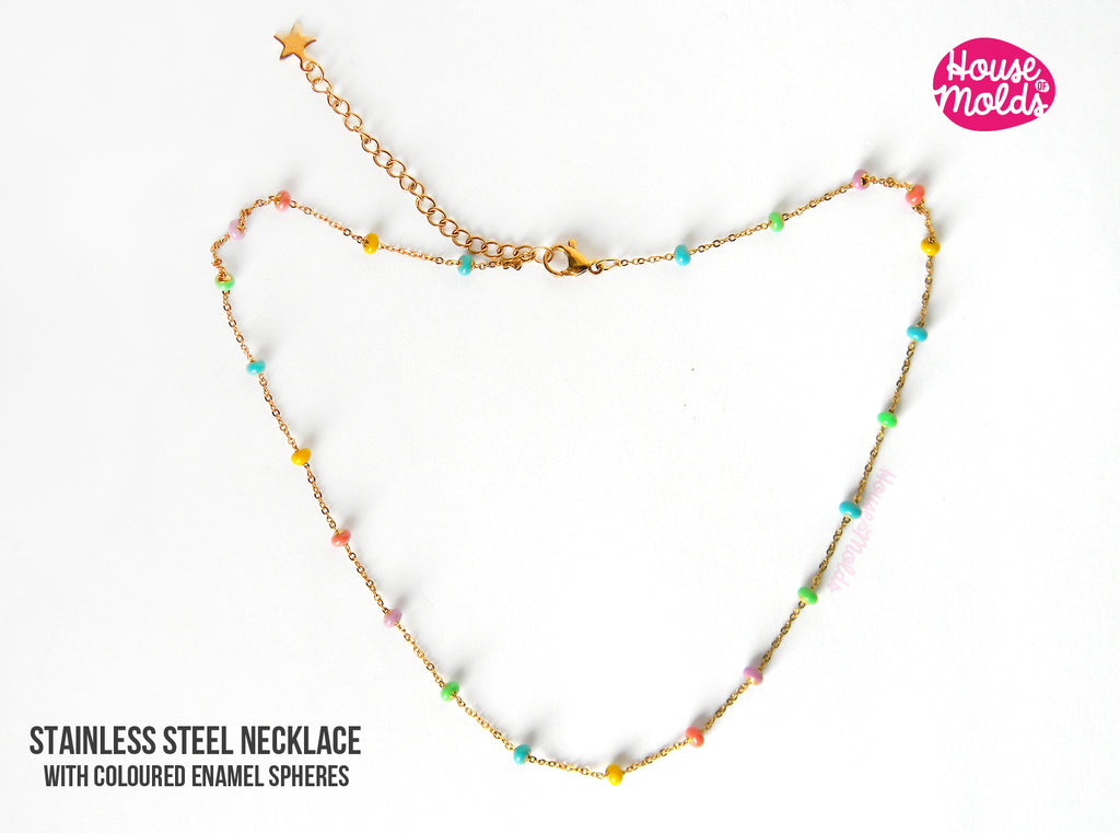Golden Necklace with spherical multi colour enamel - Chain Extender and Star pendant