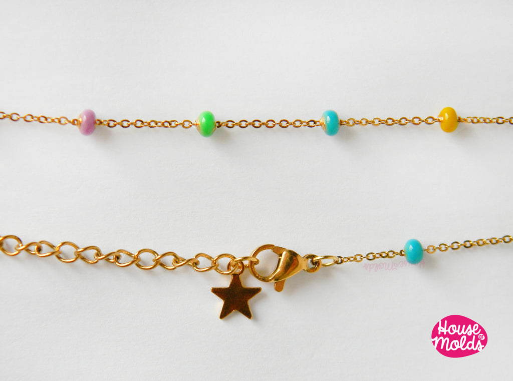 Golden Necklace with spherical multi colour enamel - Chain Extender and Star pendant