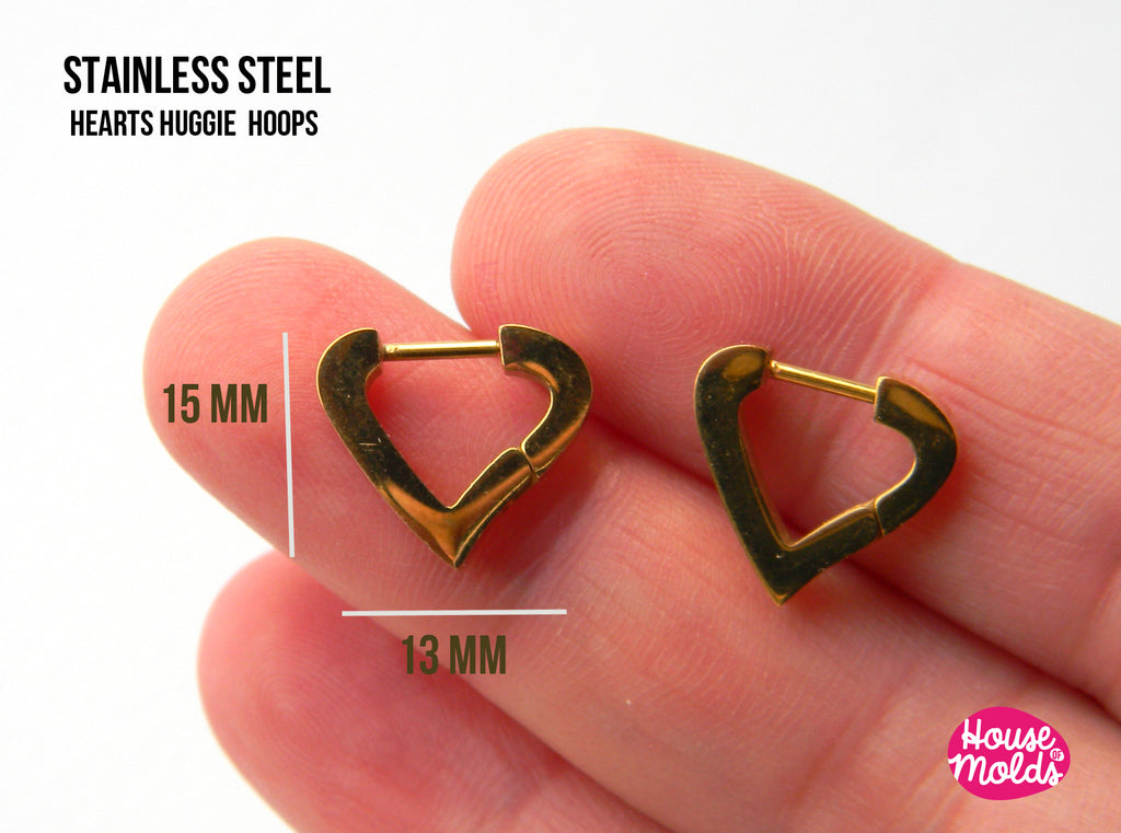 Heart Huggie Hoops Earrings blanks  - stainless steel gold colour  15 mm x 13 mm - luxury quality