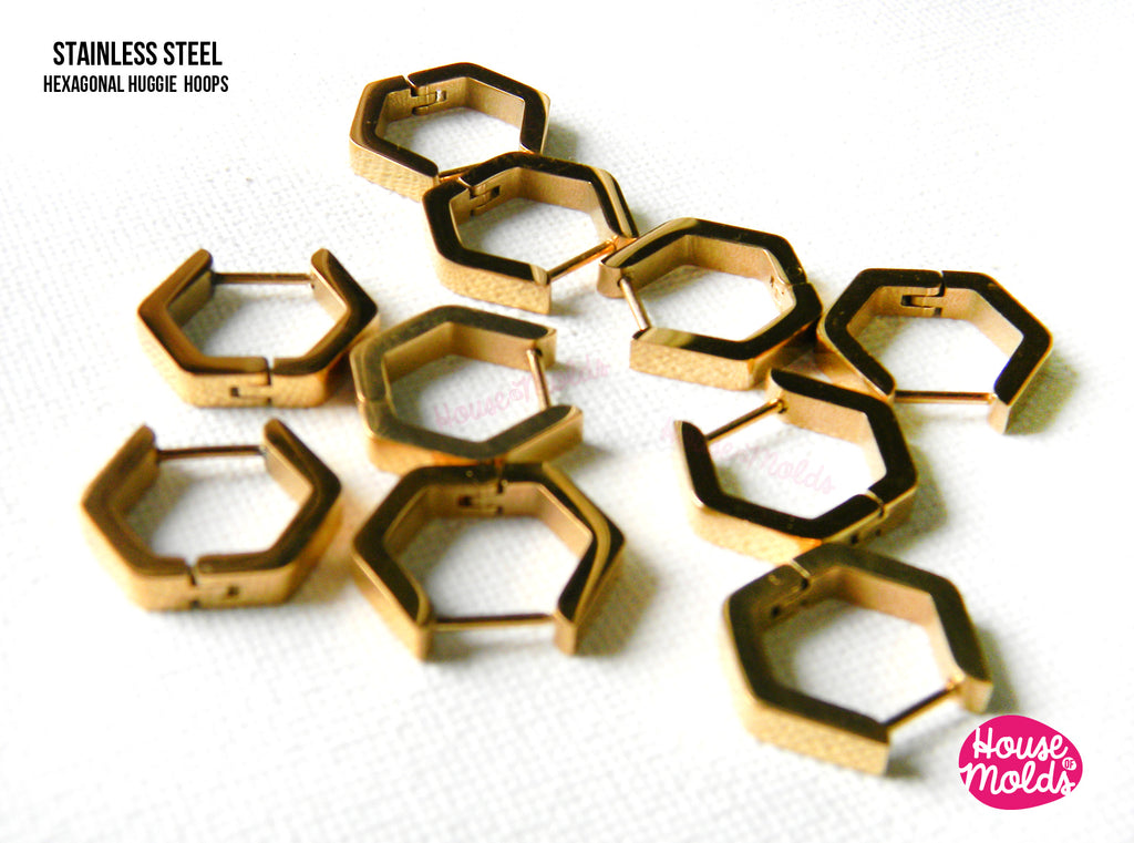 Hexagonal Huggie Hoops Earrings blanks  - stainless steel gold colour  15 mm x 16 mm - luxury quality