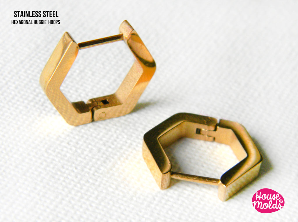 Orecchini esagonali Huggie Hoops - acciaio inossidabile color oro 15 mm x 16 mm - qualità di lusso