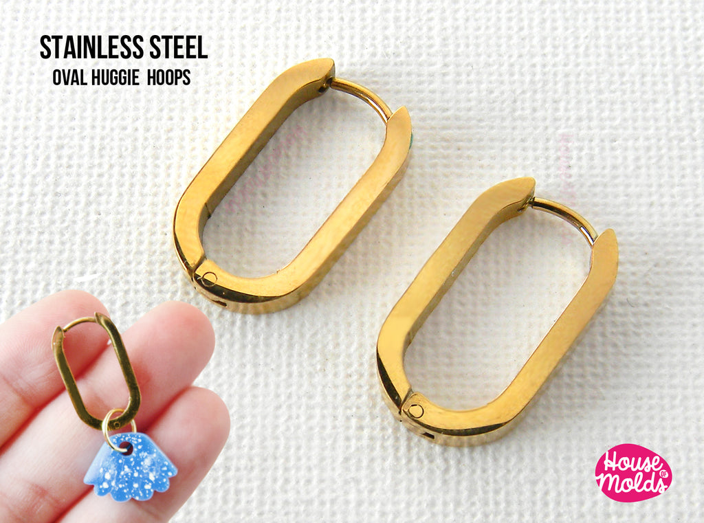 Oval Huggie Hoops Earrings blanks  - stainless steel gold colour  21 mm x 12 mm - luxury quality
