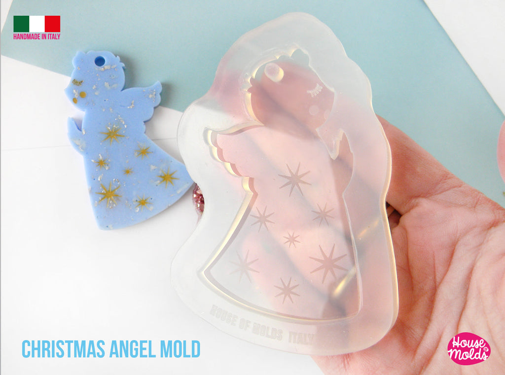 STAMPO USATO - Stampo trasparente per ornamento natalizio con angelo, forma di angelo piatto 85 x 53 mm Spessore 5 mm, foro premade super lucido sulla parte superiore - dettagli intagliati all'interno