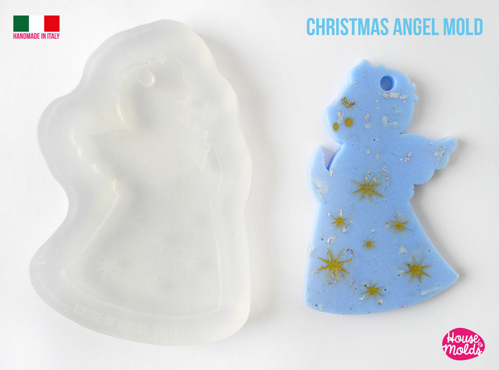 USED MOLD - Angel Christmas Ornament Clear Mold , flat angel shape 85 x 53 mm 5 mm thickness , super shiny premade hole on top - carved details inside