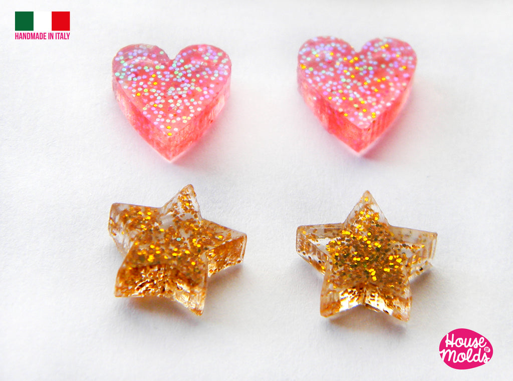 Stars and Hearts tiny studs earrings  Clear Mold  4 cavityes , measurements 8 mm diameter -  thickness 3 mm - super shiny - house of molds
