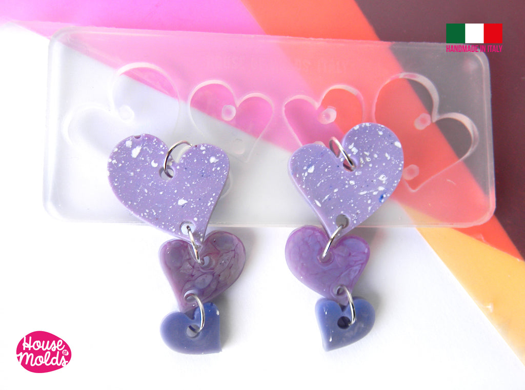 Verona Long Dangle Earrings Clear Mold , Premade Holes on top ,3 Hearts size super shiny - house of molds -made in italy