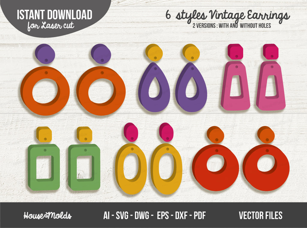 Vintage Earrings Laser  Cut File -Istant Dowload Cut file for 6 vintage mod styles earrings - house of molds design 2022