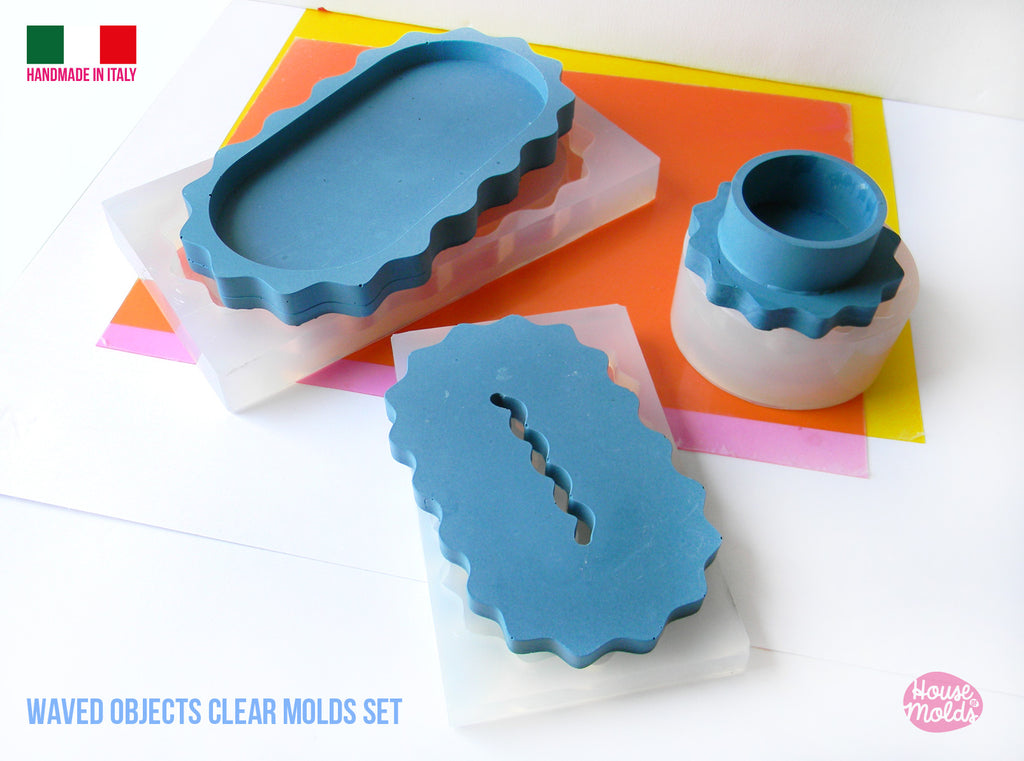 Waved Objects  Clear Molds Set  - includes tray , soap dish and candle holder molds -super glossy - house of molds made in Italy