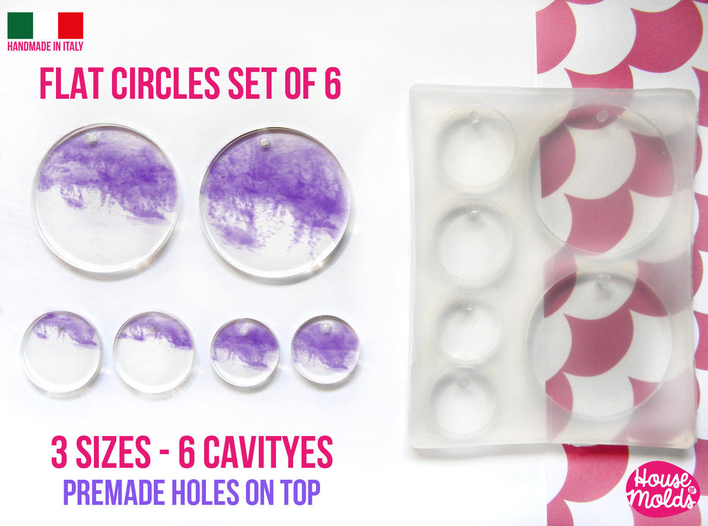 READY TO SHIP 3 Sizes -Multisize Flat Circles+ premade hole on top Clear  Silicone Mold,  with 6 cavityes- perfect for any resin creations