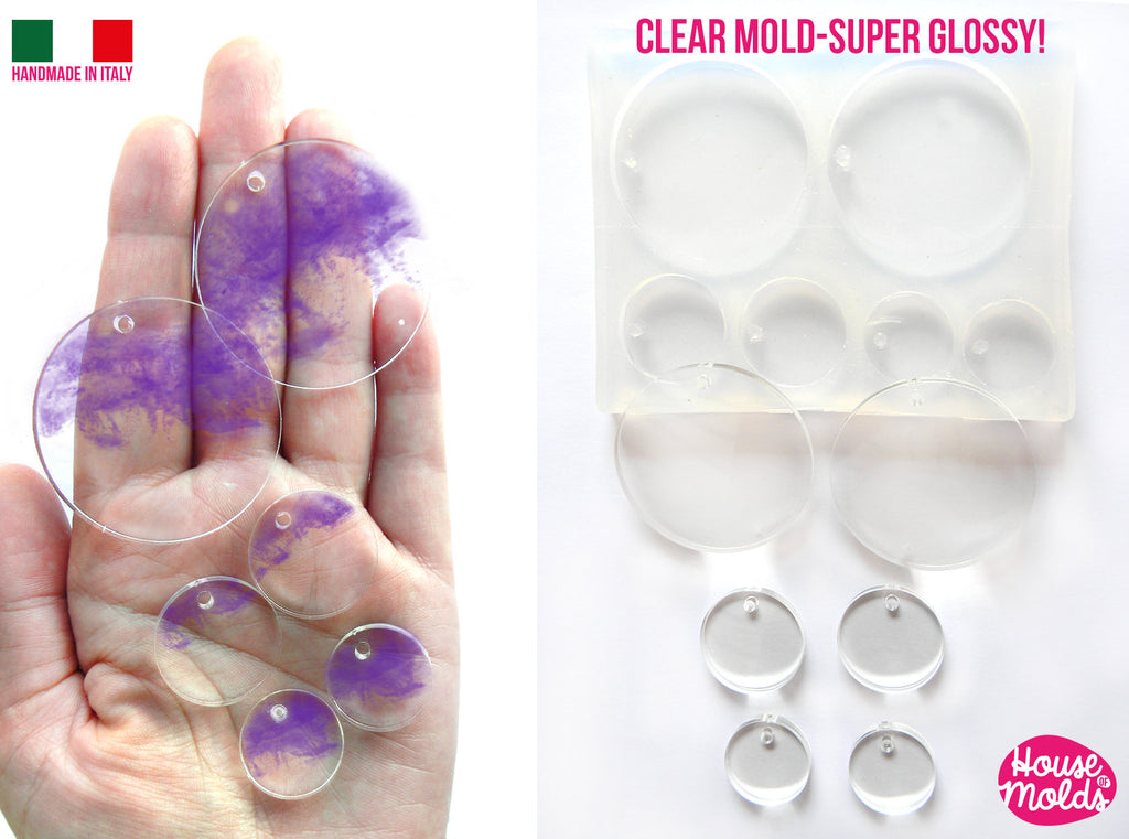3 Sizes -Multisize Flat Circles+ premade hole on top Clear  Silicone Mold,  with 6 cavityes- perfect for any resin creations