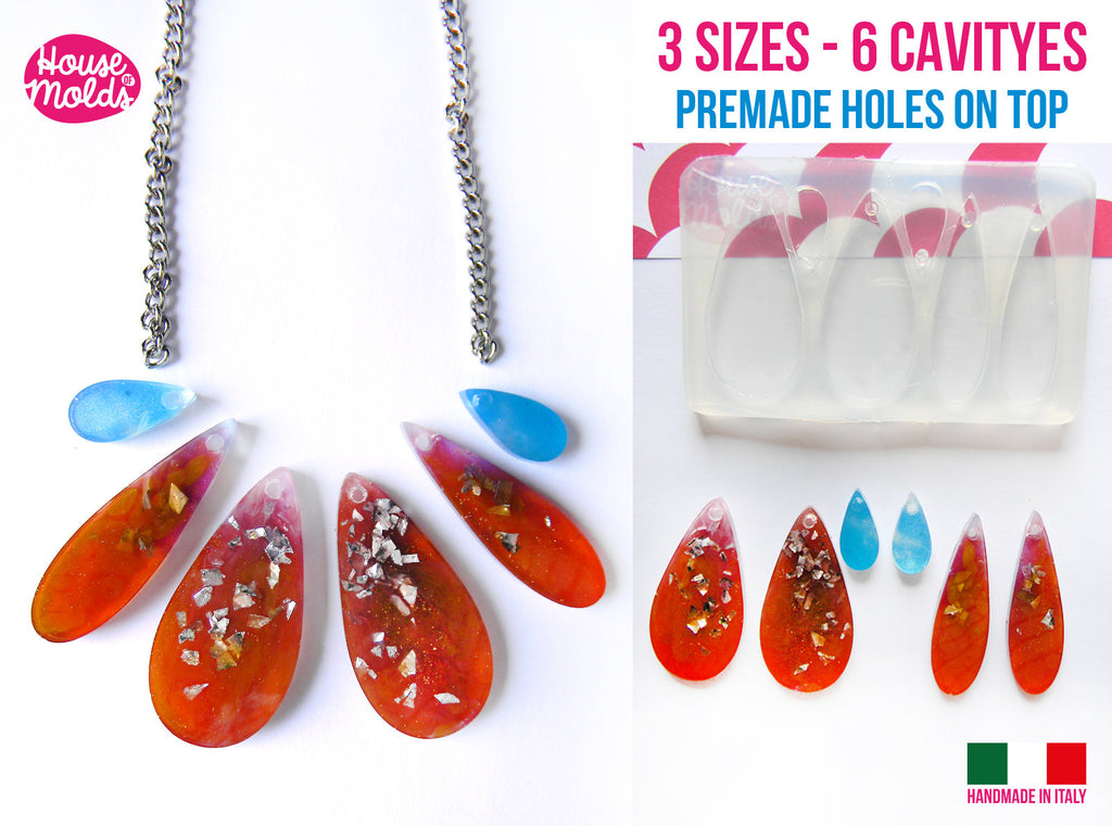 6 cavityes Drops Lover + premade holes on top Clear Flexible Silicone Mold- super glossy resin creations very shiny surface easy to use