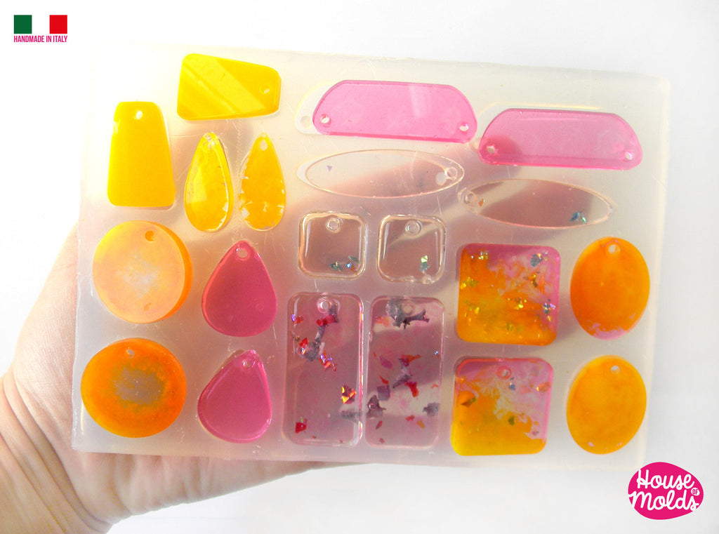 IMPERFECT - 20 Cavityes Multi Shapes Big Clear Mold + premade holes on top silicone  Mold to make 10 shapes squares circles trapezes drops and many more