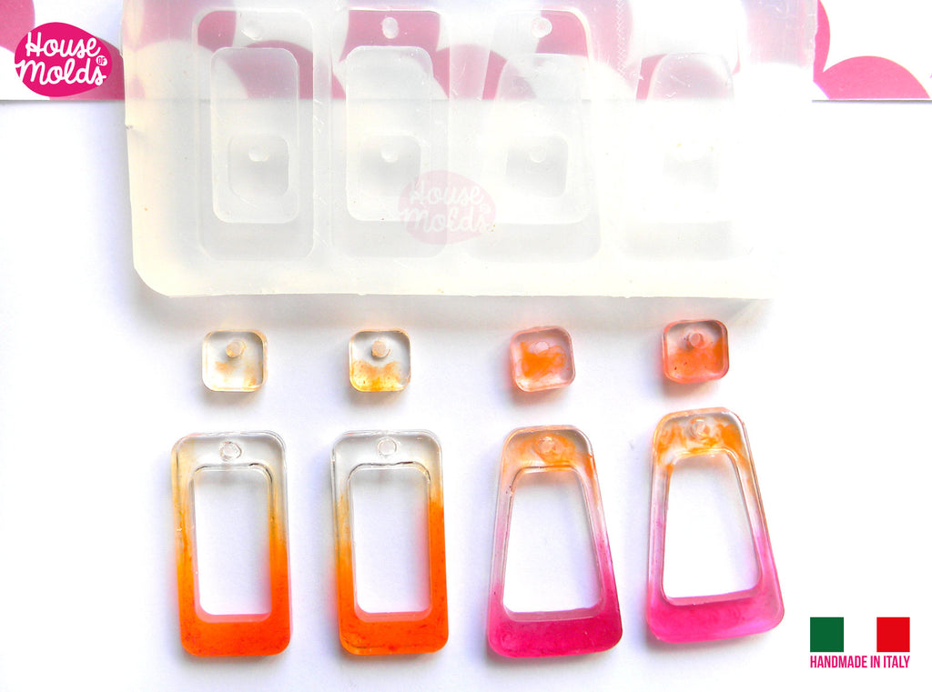 2 PAIRS OF  MOD EARRINGS  Clear Mold , Pre Made Holes on Top and 4 squared buttons -Transparent Mold to make earrings or pendants: super shiny