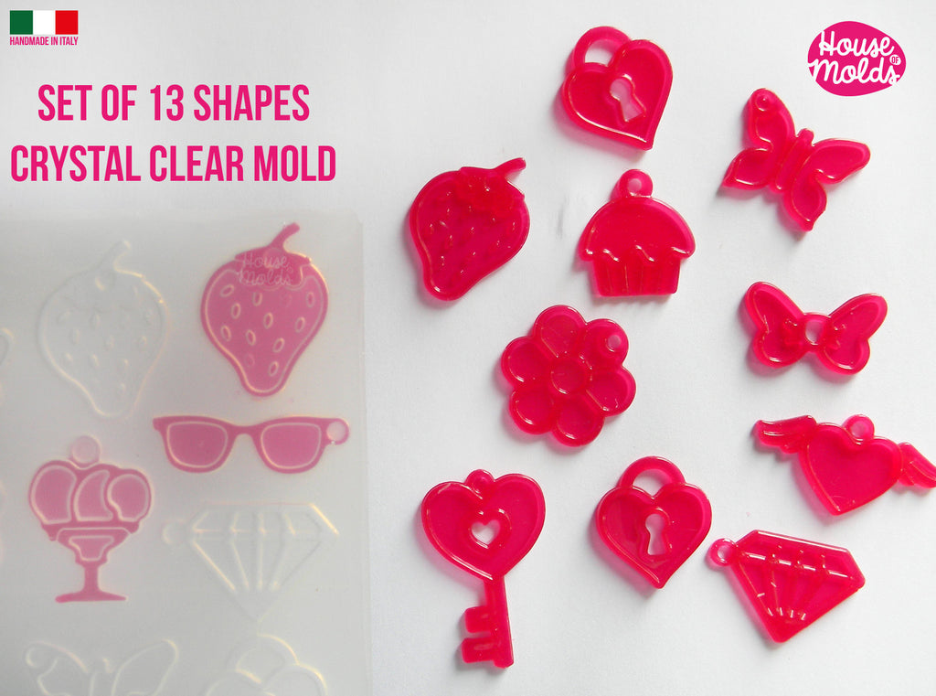 13 Cavityes Multi Shapes Clear Mold + premade holes  silicone Mold to make 13 kawaii shapes strawberry ,icecreams ,hearts ,cupcakes and more