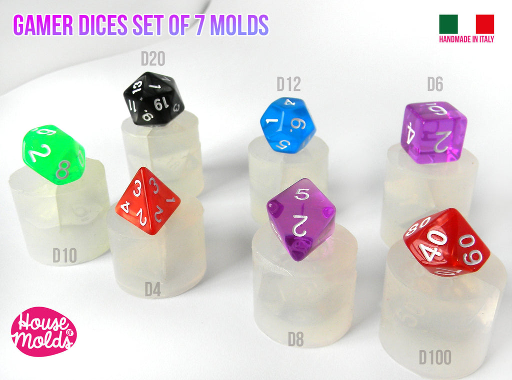 Gamer Dices Set of 7  Clear Silicone Molds - HOUSE OF MOLDS-7 Role Play dices with number engraved silicone clear molds,super shiny surface