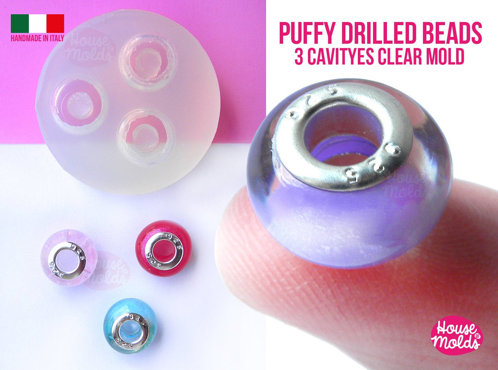 3 Cavityes Puffy Drilled Beads Clear Mold ,Mold for 3 Round  Resin beads 14 mm outer diameter 5,5 mm inner hole - super glossy !
