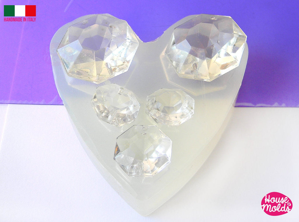 5 Diamonds Clear mold ,3D-resin Cystals Diamonds , premade holes, super glossy , clear silicone mold from House Of Molds, italy