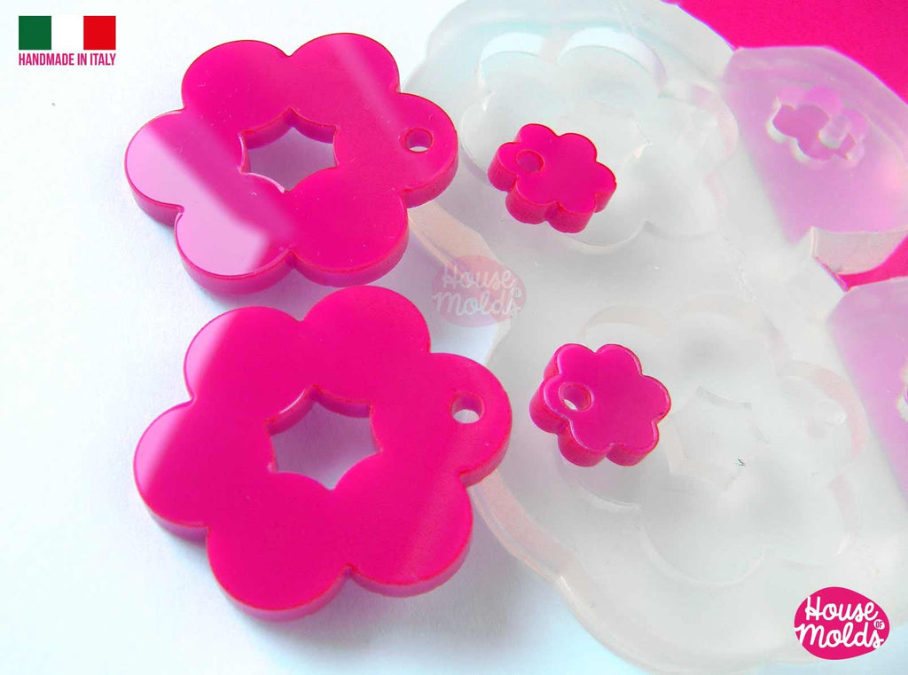 Flower Hoops Dangle earrings Clear Mold ,Premade Holes ,  4 cavites, easy to use Transparent Mold, super shiny - house of molds