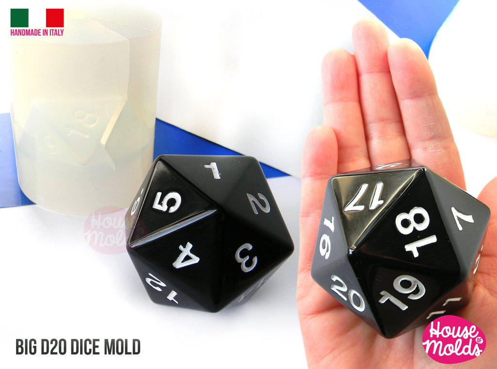 D20 Big Dice Mold 5 x 6 cm Clear Silicone Molds HOUSE OF MOLDS  Role Play dice mold  with countdown numbers position,super shiny