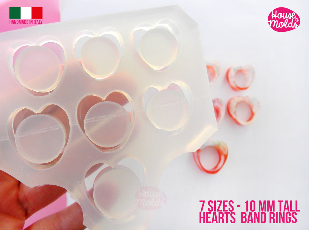 7 Sizes Heart  Band Rings Clear Mold,Mold for Multisize heart  Band rings 10 mm tall  from Usa size  5 to 11.5 -super glossy resin creations