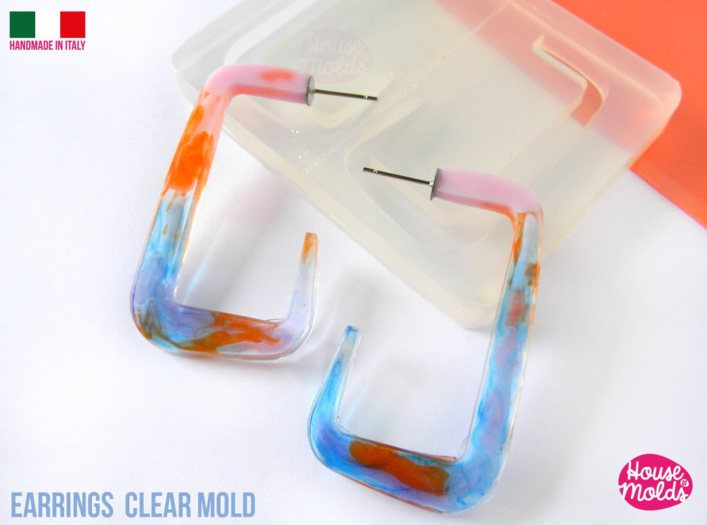 DD Flat Earrings Rectangle Hoops Clear Mold  49 mm length x 27 mm-  4 mm thickness ,easy to use Transparent Mold super shiny house of molds