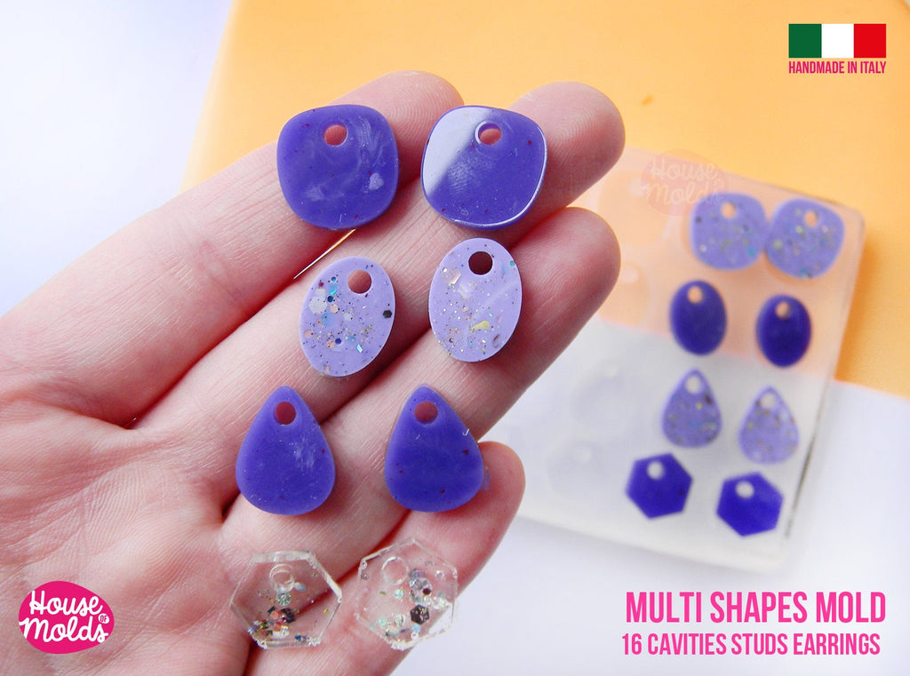 IMPERFECT Multi Shapes Flat Studs earrings Clear Mold , Premade Holes , 16 cavities, very easy to use Transparent Mold ,  super shiny - house of molds