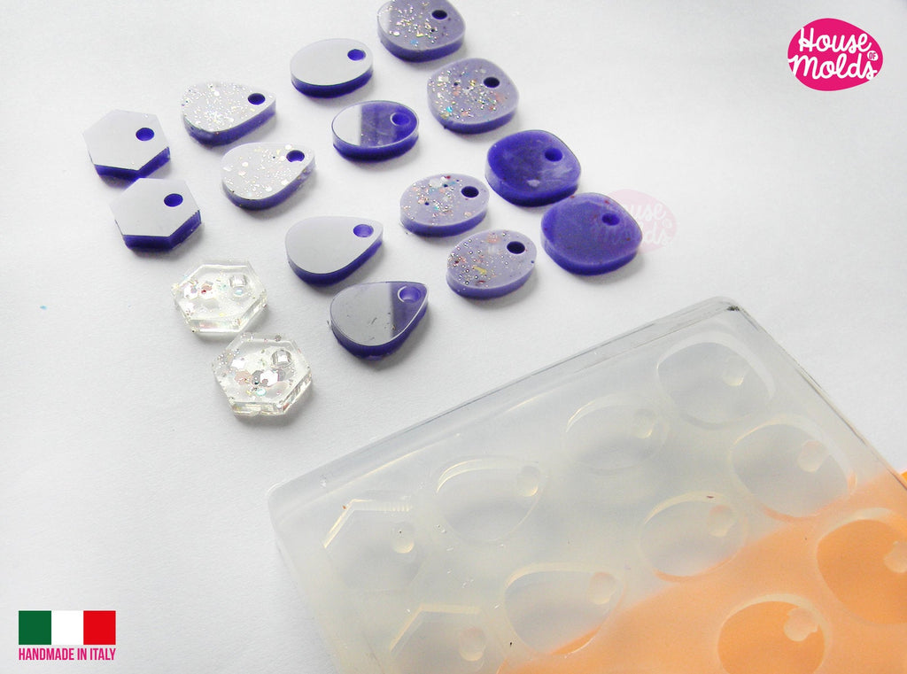 Multi Shapes Flat Studs earrings Clear Mold , Premade Holes , 16 cavities, very easy to use Transparent Mold ,  super shiny - house of molds