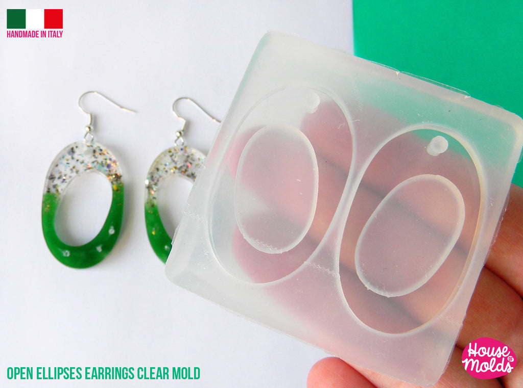 Open Ellipses Flat Earrings Clear Mold , Premade Holes , measurements 42 x 25 mm thickness 4 mm , easy and  super shiny - house of molds