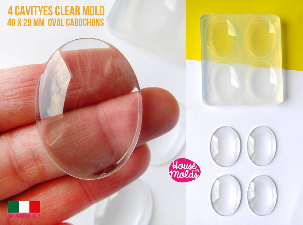 40 x 29 mm Oval Cabochons  4 Cavityes clear Mold , smooth and super glossy resin Earrings, Ring Top , Oval  Pendants and House of molds