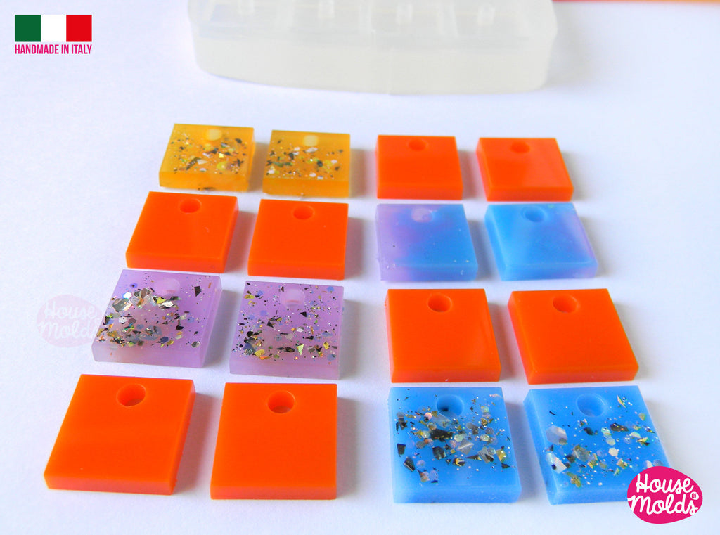 Square Studs earrings Clear Mold , 15x 15 mm + Premade Holes , 16 cavities, very easy to use  super shiny - house of molds