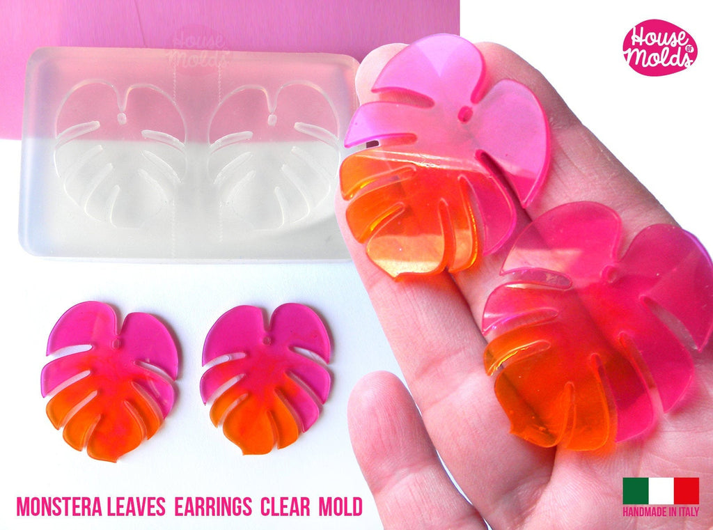 Monstera Leaf earrings Clear Molds , Premade Holes on top , measurements 43 x 36 mm thickness 2 mm  easy and  super shiny - house of molds