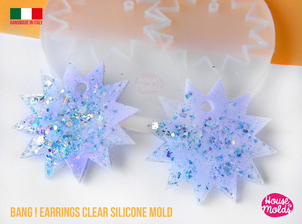 Bang ! earrings Clear Molds , Premade Holes on top , measurements 38 mm diameter , thickness 2 mm  easy and  super shiny - house of molds