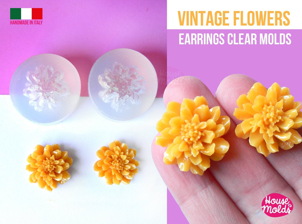 Vintage Flowers earrings Clear Molds - measurements 23 mm diameter - flat back  thickness  on center 9 mm  super shiny - house of molds