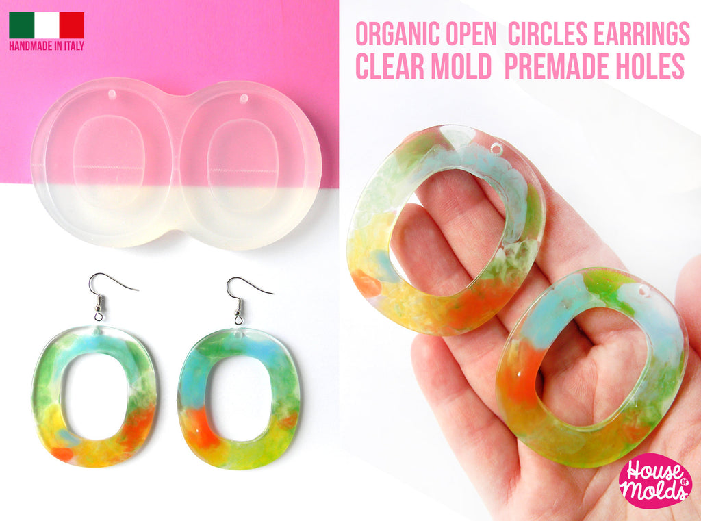 Organic open circles earrings Clear Mold , Premade Holes , measurements 55 x 48 mm thickness 3 mm , easy and  super shiny - house of molds